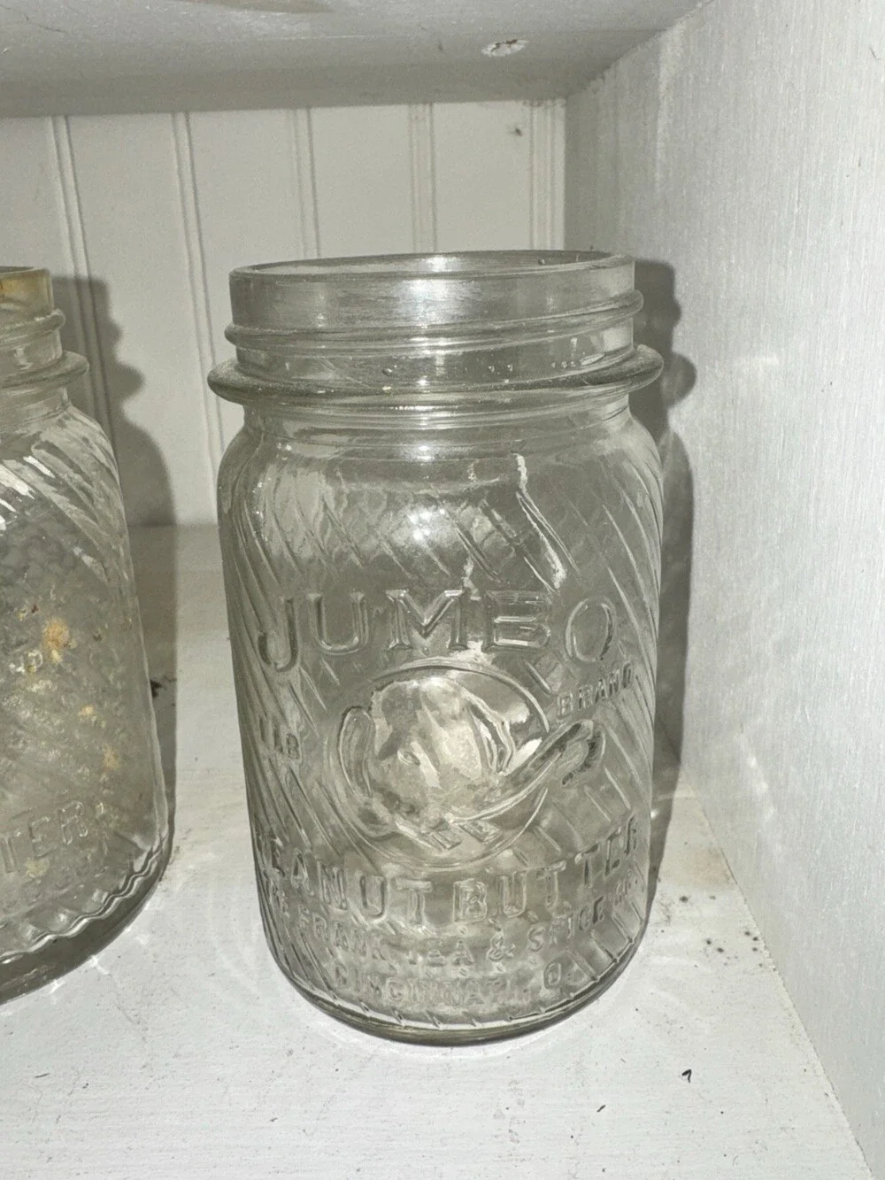 Vintage Jumbo Brand Peanut Butter Glass Jar Elephant Embossed Advertising